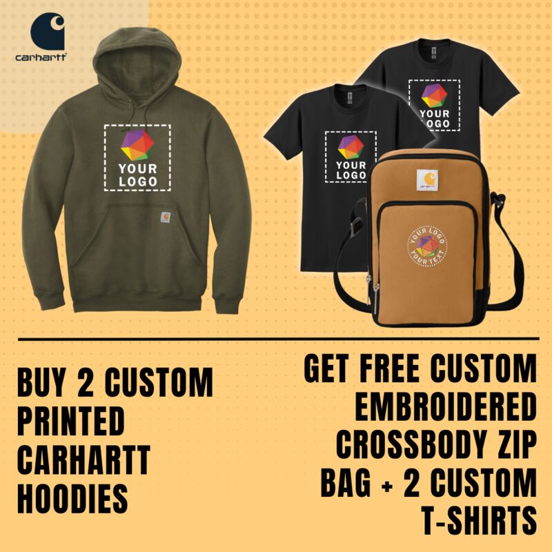 Buy 2 Custom Carhartt Printed Hoodies Get Free Custom Embroidered  Crossbody Zip Bag + Free Custom 2 T-Shirts Thumbnail