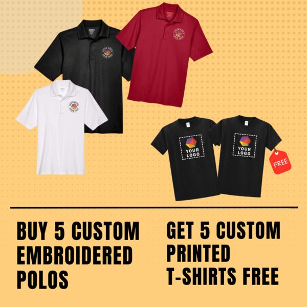 Buy 5 Custom Embroidered Polos And Get 5 Custom Printed T-Shirts FREE Thumbnail